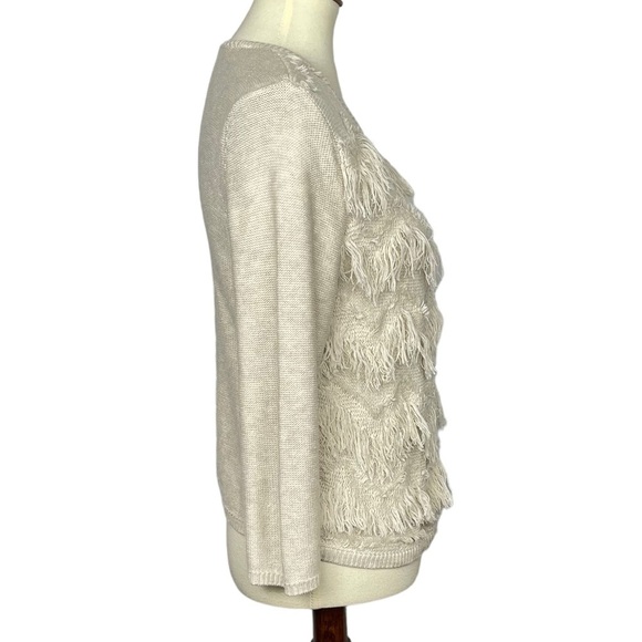 Chico’s Sweater 1 Womens 8 Medium Cardigan Open Front‎ Oatmeal Fringe Chevron - Picture 3 of 11